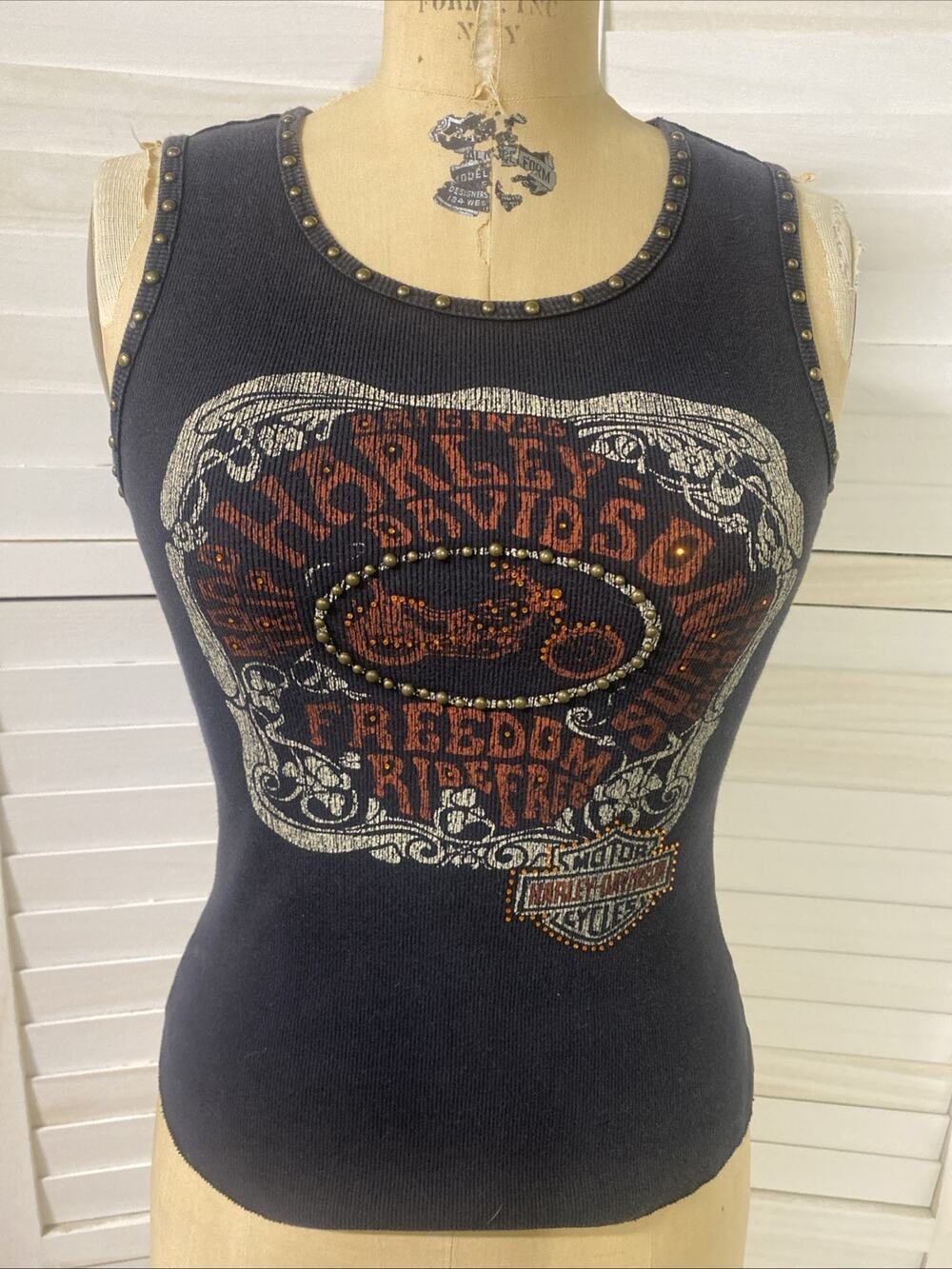 Harley-Davidson Women’s Black Ribbed Tank Top Sz Small Studs Rhinestones